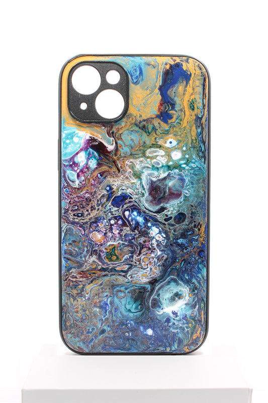 iPhone 14 plus | Handgefertigte Fluid-Art Handyhülle | Gold Multicolor