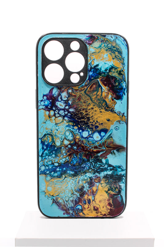iPhone 14 pro Max | Handgefertigte Fluid-Art Handyhülle | Gold Blau