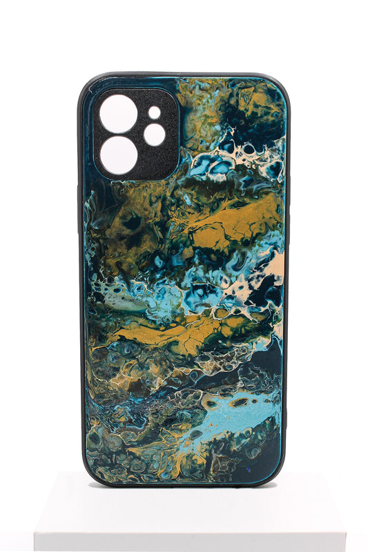 iPhone 12 | Handgefertigte Fluid-Art Handyhülle | Gold Blau