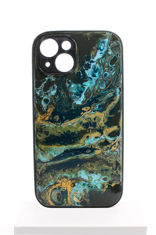 iPhone 14 | Handgefertigte Fluid-Art Handyhülle | Gold Blau Grün