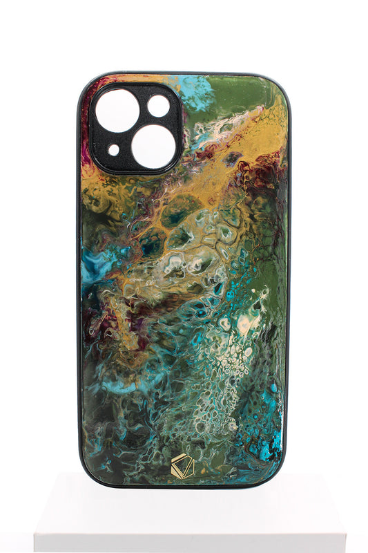 iPhone 14 | Handgefertigte Fluid-Art Handyhülle | Gold Blau Grün