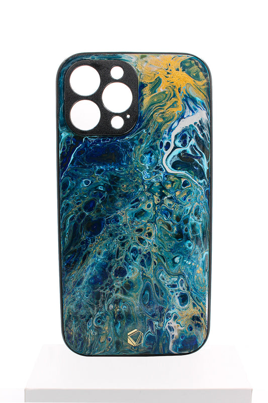 iPhone 13 pro Max  | Handgefertigte Fluid-Art Handyhülle |  Gold Blau