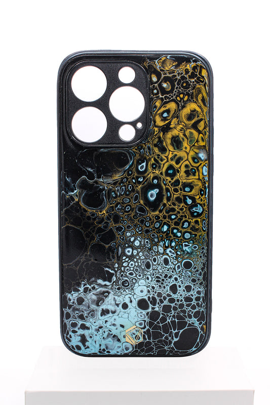 iPhone 14 pro | Handgefertigte Fluid-Art Handyhülle | Gold Blau Schwarz