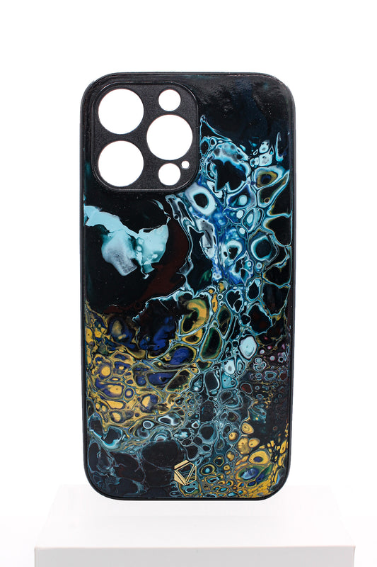 iPhone 14 pro Max | Handgefertigte Fluid-Art Handyhülle | Gold Blau