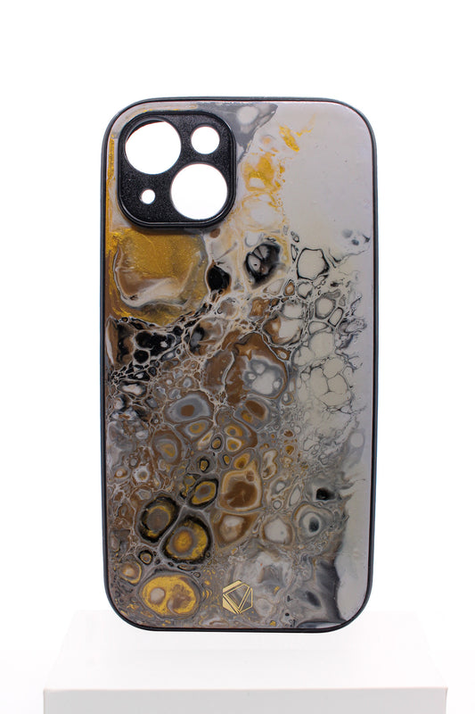 iPhone 14 | Handgefertigte Fluid-Art Handyhülle | Gold Grau