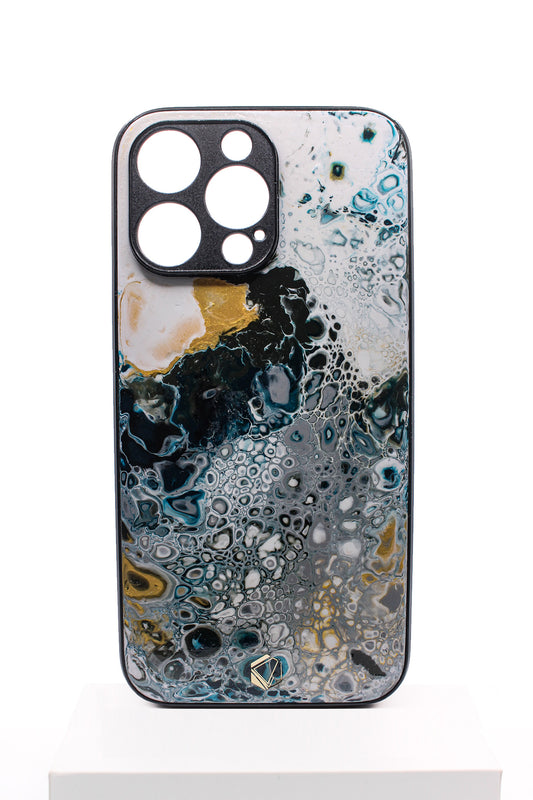 iPhone 14 pro Max | Handgefertigte Fluid-Art Handyhülle | Gold Blau Grau