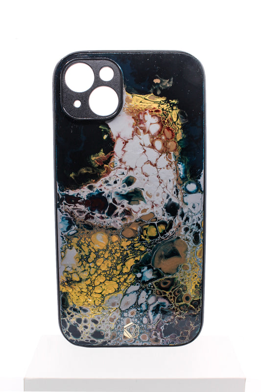 iPhone 14 plus | Handgefertigte Fluid-Art Handyhülle | Gold Blau Grau