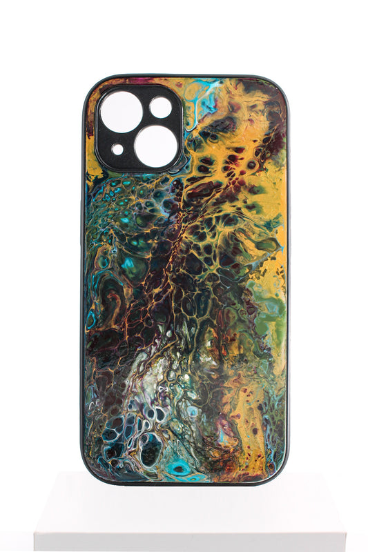 iPhone 14 | Handgefertigte Fluid-Art Handyhülle | Gold Multicolor